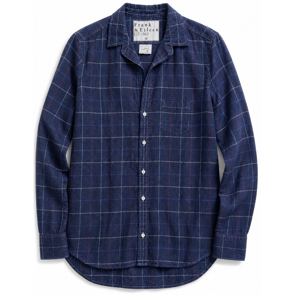 NWOT Frank & Eileen EILEEN Navy Windowpane Linen Button Up Shirt Italian Woven M